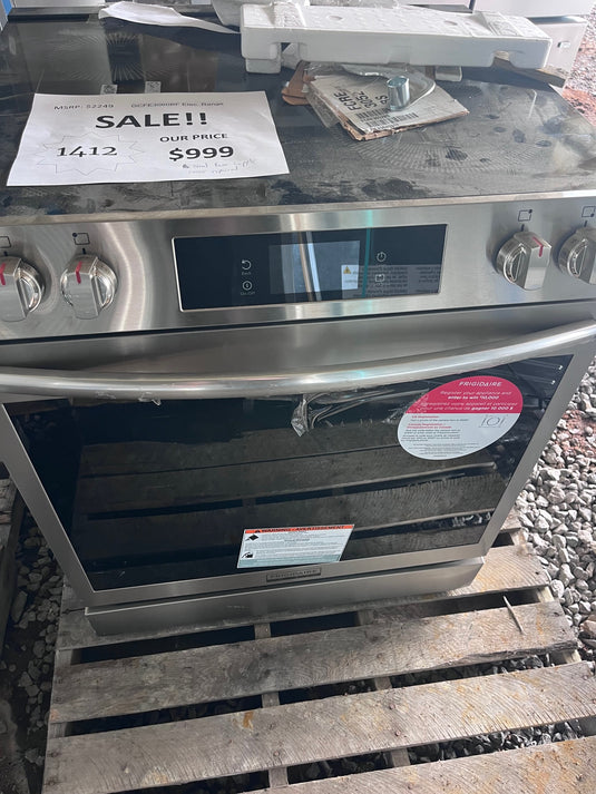 #1412- Frigidaire Gallery 30-in Glass Top 5 burners 6.2-cu ft Air Fry Convection Oven Slide-In Electric Range Fingerprint Resistant Stainless Steel )
